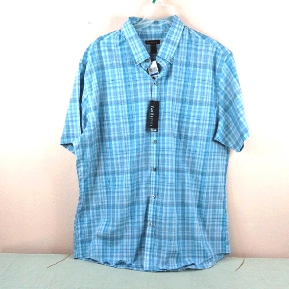 Van Heusen Premium Men's Light Blue Gray Plaid Shirt XL. Button Up 17-171/2 NWT